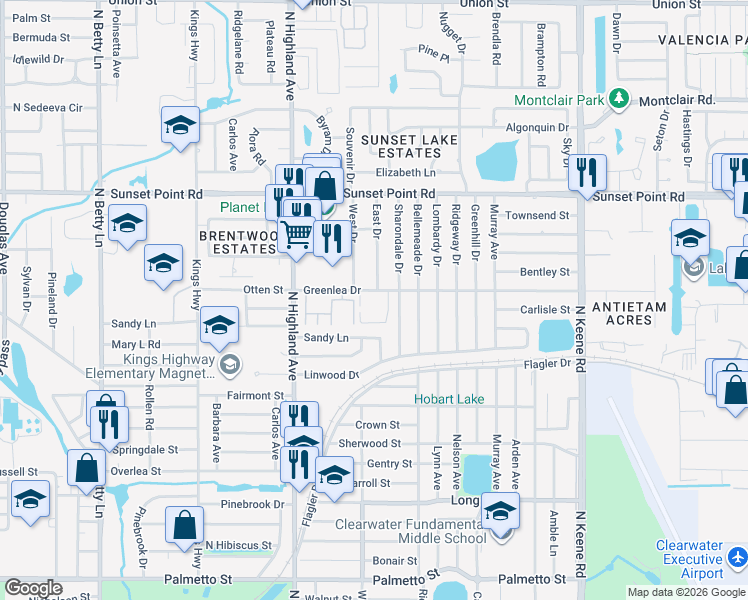 map of restaurants, bars, coffee shops, grocery stores, and more near 1575 Greenlea Drive in Clearwater
