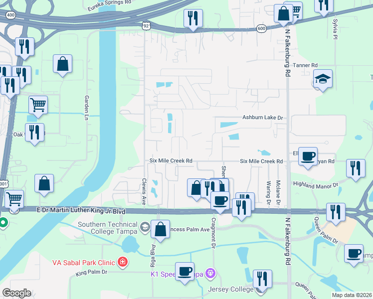map of restaurants, bars, coffee shops, grocery stores, and more near 9420 Six Mile Creek Road in Tampa