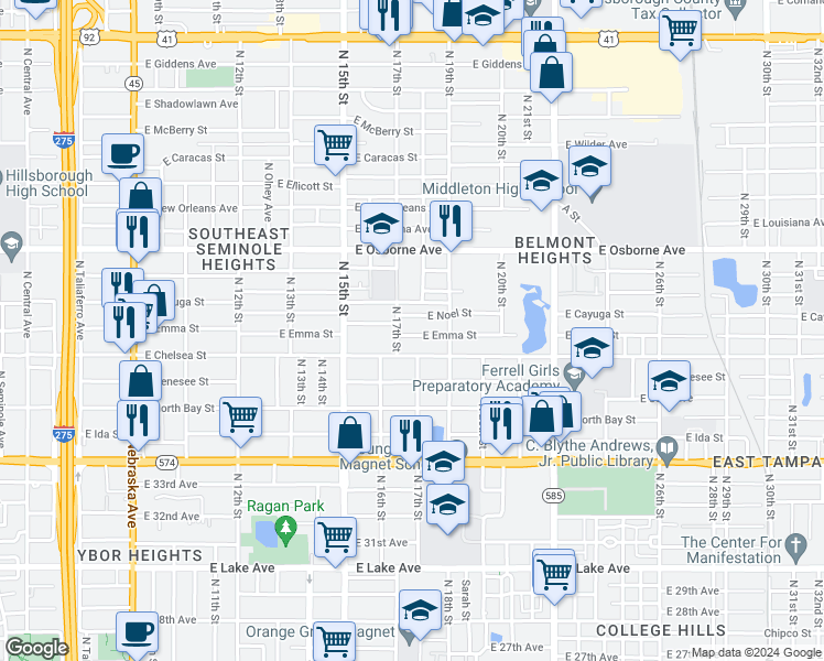 map of restaurants, bars, coffee shops, grocery stores, and more near 1709 East Emma Street in Tampa