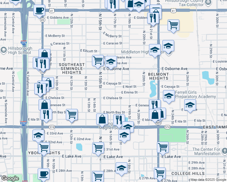 map of restaurants, bars, coffee shops, grocery stores, and more near 1514 East Chelsea Street in Tampa