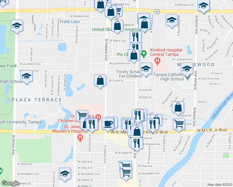 map of restaurants, bars, coffee shops, grocery stores, and more near 2713 West Eddy Drive in Tampa