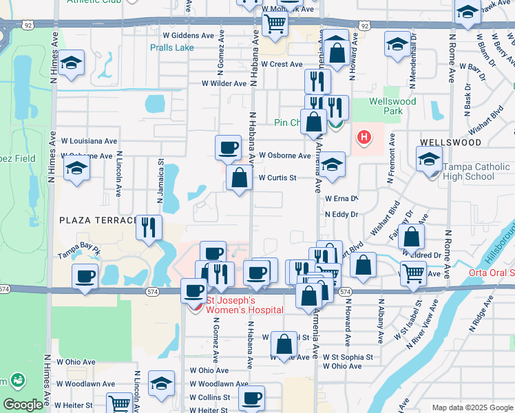 map of restaurants, bars, coffee shops, grocery stores, and more near 2713 West Eddy Drive in Tampa
