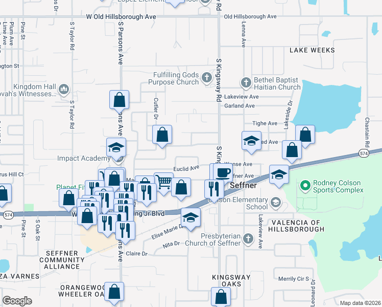 map of restaurants, bars, coffee shops, grocery stores, and more near 113 Euclid Loop in Seffner