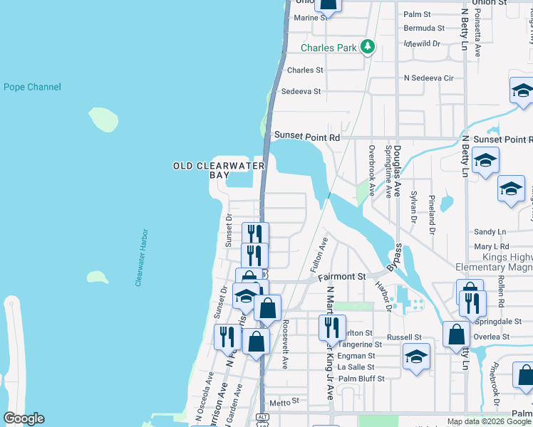map of restaurants, bars, coffee shops, grocery stores, and more near 1011 Iroquois Street in Clearwater