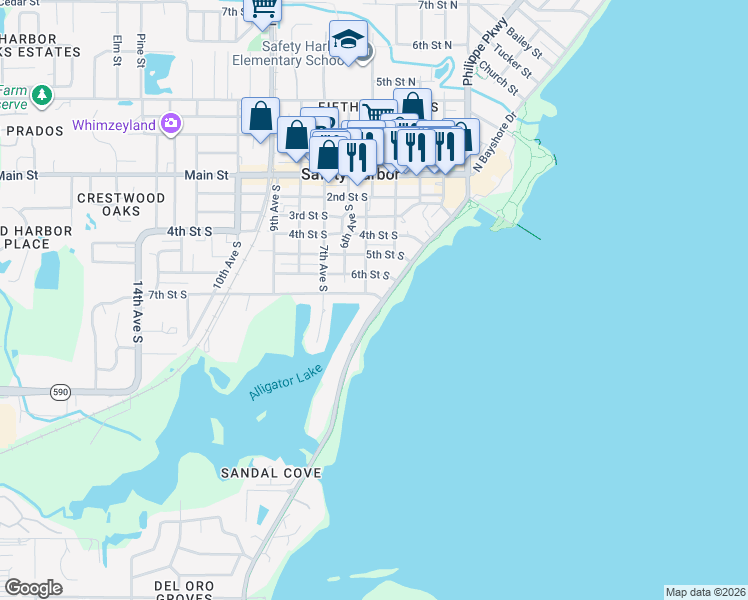 map of restaurants, bars, coffee shops, grocery stores, and more near 705 Bayshore Boulevard in Safety Harbor