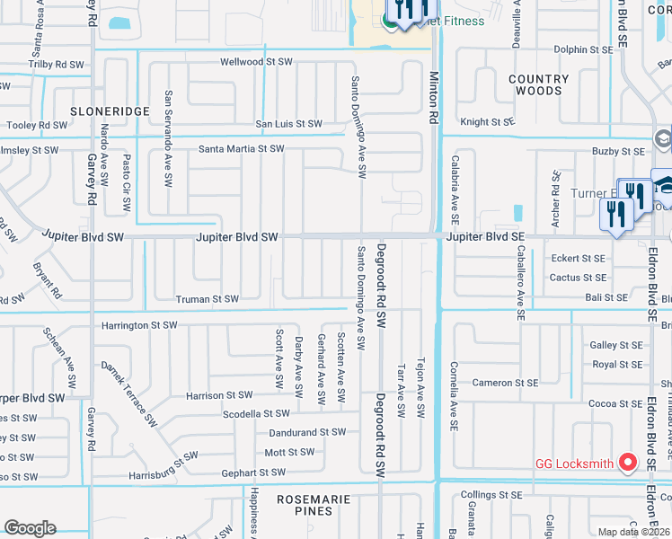 map of restaurants, bars, coffee shops, grocery stores, and more near 587 Tasco Avenue Southwest in Palm Bay