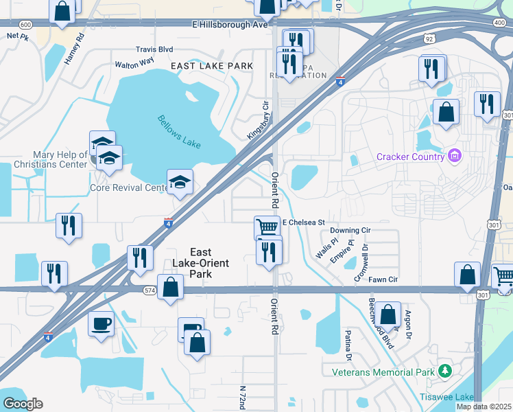 map of restaurants, bars, coffee shops, grocery stores, and more near 7220 East Chelsea Street in Tampa