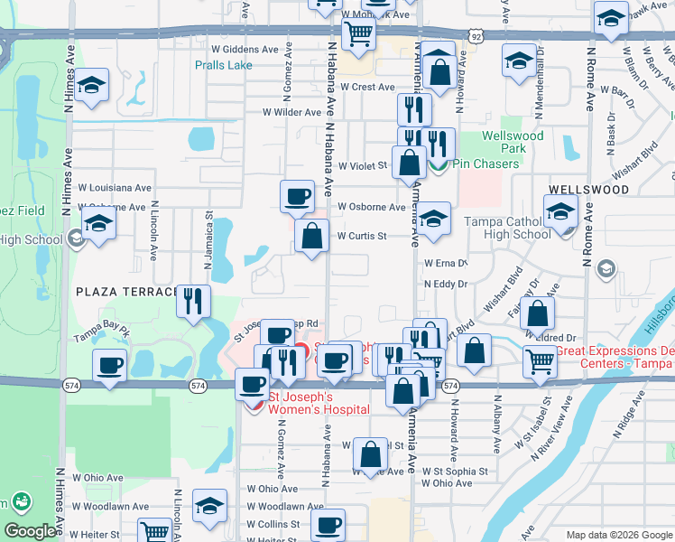 map of restaurants, bars, coffee shops, grocery stores, and more near 2713 West Eddy Drive in Tampa