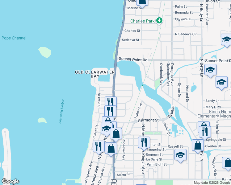 map of restaurants, bars, coffee shops, grocery stores, and more near 1011 Iroquois Street in Clearwater