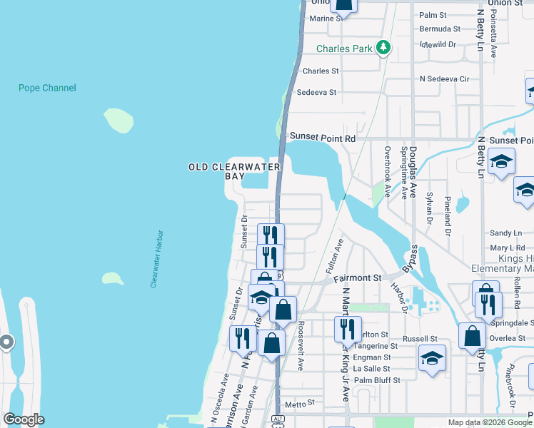 map of restaurants, bars, coffee shops, grocery stores, and more near 401 Lebeau Street in Clearwater