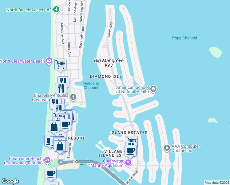 map of restaurants, bars, coffee shops, grocery stores, and more near 216 Palm Island Northwest in Clearwater