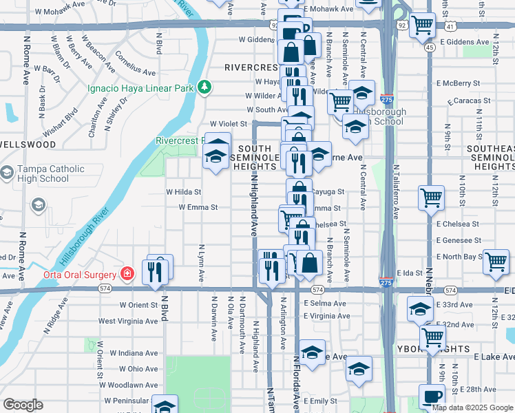 map of restaurants, bars, coffee shops, grocery stores, and more near 4501 North Highland Avenue in Tampa