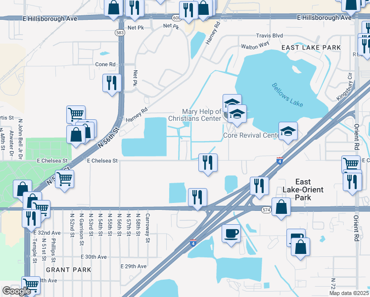 map of restaurants, bars, coffee shops, grocery stores, and more near 6330 East Chelsea Street in Tampa