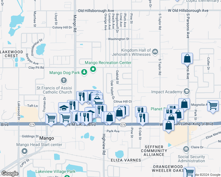 map of restaurants, bars, coffee shops, grocery stores, and more near 1324 Oak Valley Drive in Seffner
