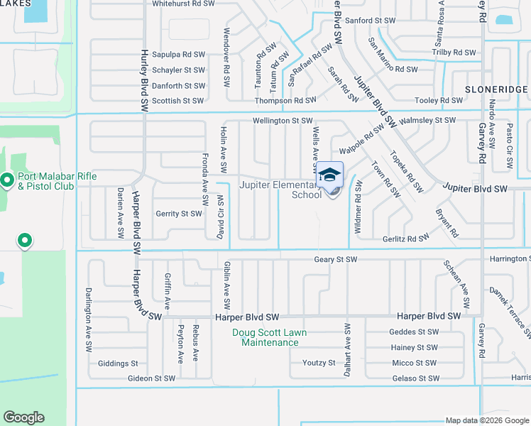 map of restaurants, bars, coffee shops, grocery stores, and more near 582 Wildwood Avenue Southwest in Palm Bay