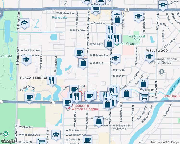 map of restaurants, bars, coffee shops, grocery stores, and more near 2713 West Eddy Drive in Tampa
