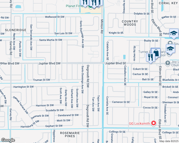 map of restaurants, bars, coffee shops, grocery stores, and more near 571 Degroodt Road Southwest in Palm Bay