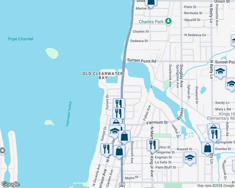 map of restaurants, bars, coffee shops, grocery stores, and more near 401 Lebeau Street in Clearwater
