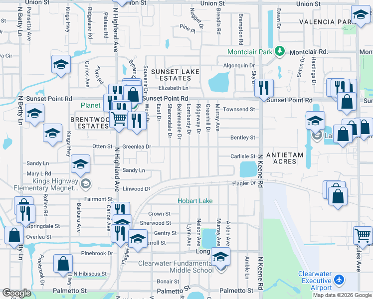 map of restaurants, bars, coffee shops, grocery stores, and more near 1631 Greenlea Drive in Clearwater