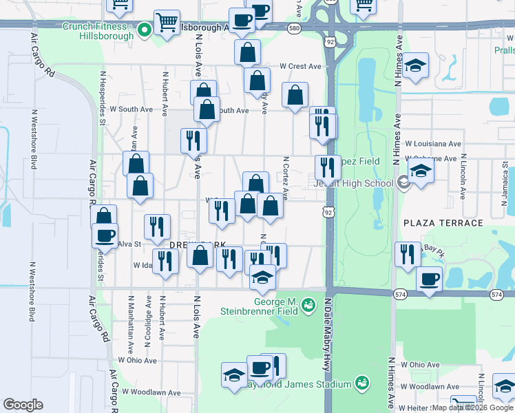 map of restaurants, bars, coffee shops, grocery stores, and more near 4615 North Hale Avenue in Tampa