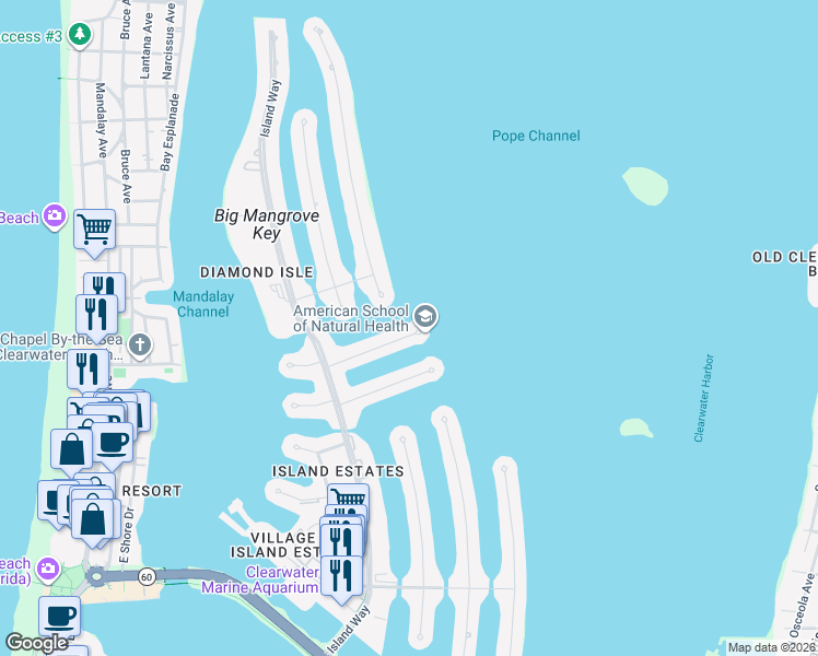 map of restaurants, bars, coffee shops, grocery stores, and more near 450 Palm Island Northeast in Clearwater