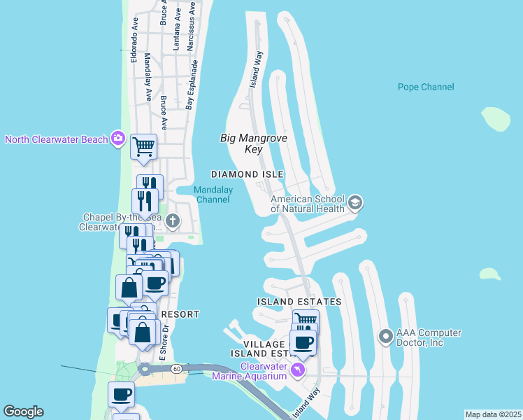map of restaurants, bars, coffee shops, grocery stores, and more near 216 Palm Island Northwest in Clearwater