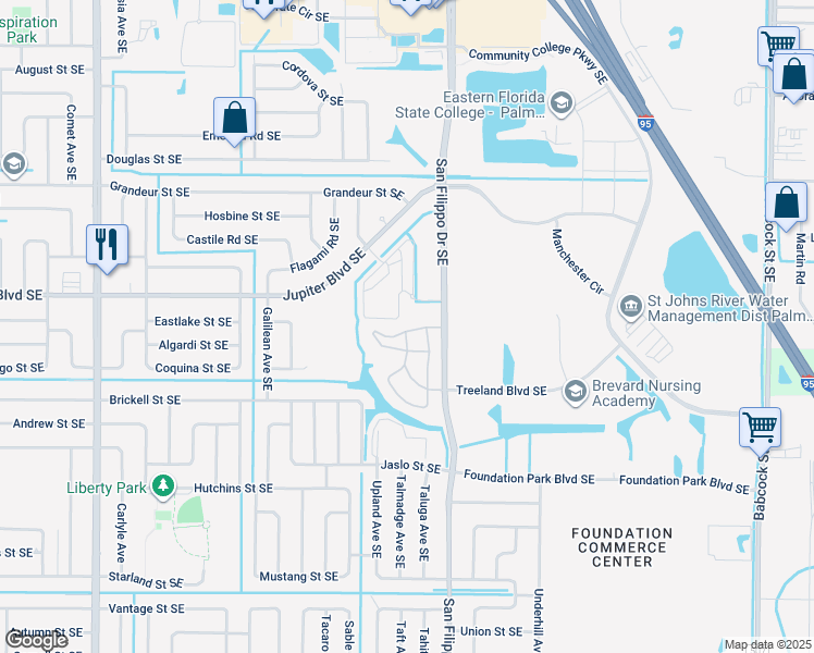 map of restaurants, bars, coffee shops, grocery stores, and more near 101 Treeland Boulevard Southeast in Palm Bay