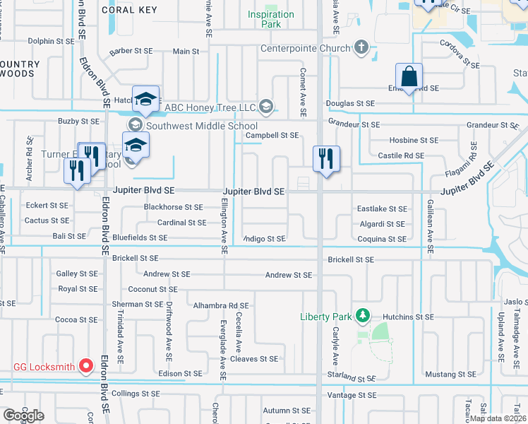 map of restaurants, bars, coffee shops, grocery stores, and more near 740 Montrose Street Southeast in Palm Bay