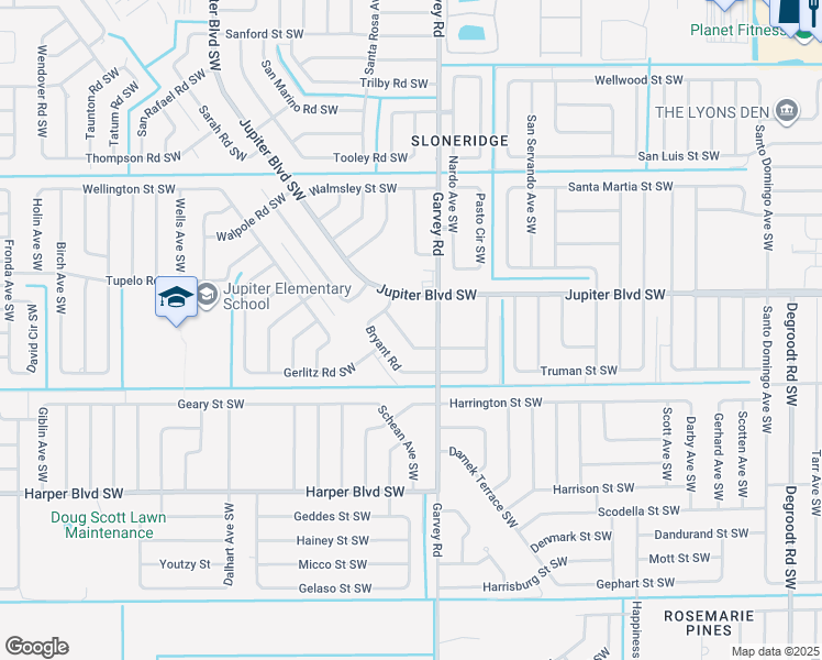 map of restaurants, bars, coffee shops, grocery stores, and more near 660 Weaver Road Southwest in Palm Bay