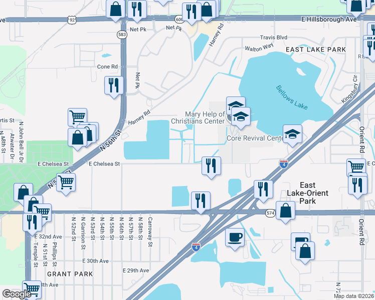 map of restaurants, bars, coffee shops, grocery stores, and more near 6330 East Chelsea Street in Tampa