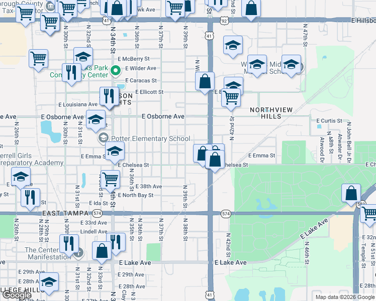 map of restaurants, bars, coffee shops, grocery stores, and more near 4405 North 39th Street in Tampa