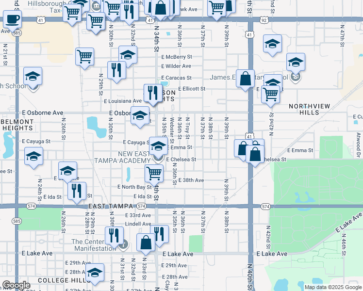 map of restaurants, bars, coffee shops, grocery stores, and more near 4406 North 36th Street in Tampa