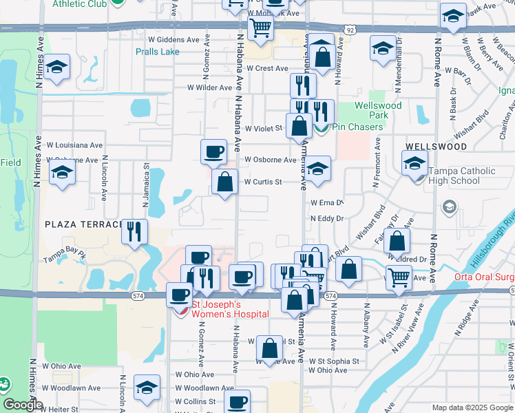 map of restaurants, bars, coffee shops, grocery stores, and more near 2713 West Eddy Drive in Tampa
