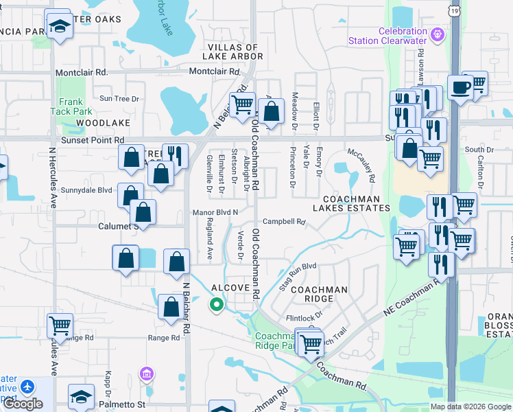 map of restaurants, bars, coffee shops, grocery stores, and more near 2300 Campbell Road in Clearwater