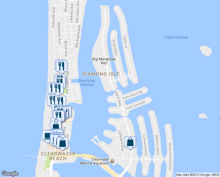 map of restaurants, bars, coffee shops, grocery stores, and more near 216 Palm Island Northwest in Clearwater