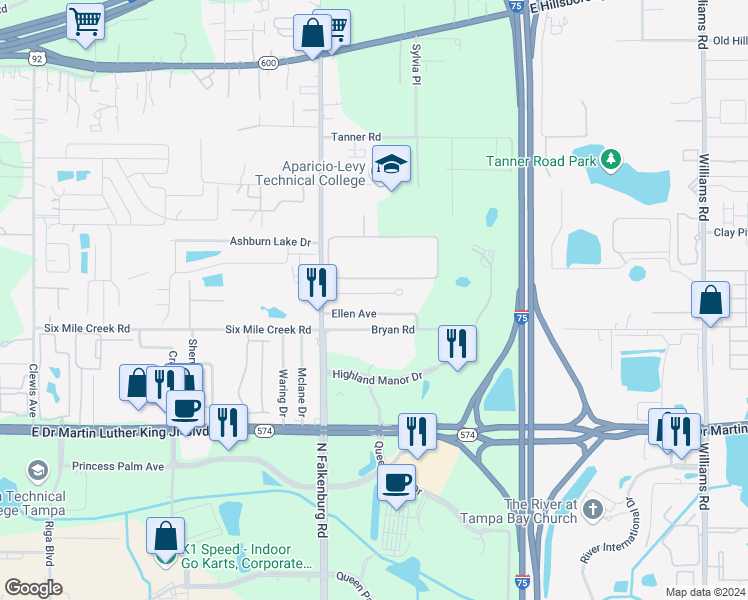 map of restaurants, bars, coffee shops, grocery stores, and more near 10207 Hawk Storm Avenue in Tampa