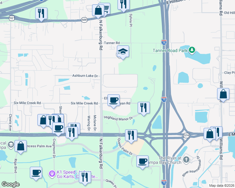 map of restaurants, bars, coffee shops, grocery stores, and more near 10149 Ellen Avenue in Tampa
