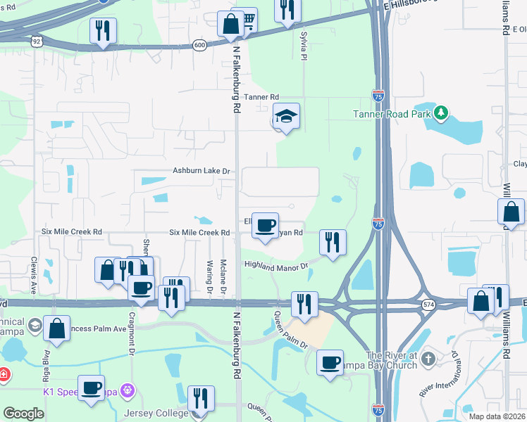 map of restaurants, bars, coffee shops, grocery stores, and more near 10125 Hawk Storm Avenue in Tampa