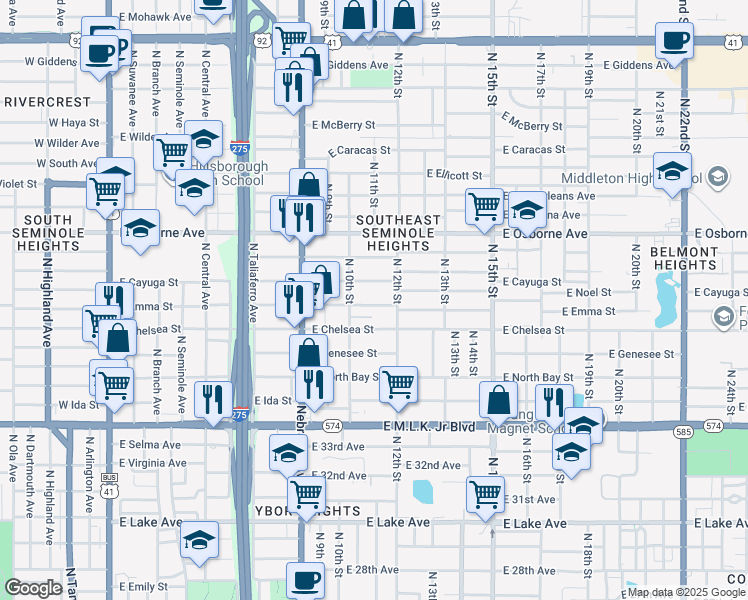 map of restaurants, bars, coffee shops, grocery stores, and more near 1106 East Chelsea Street in Tampa