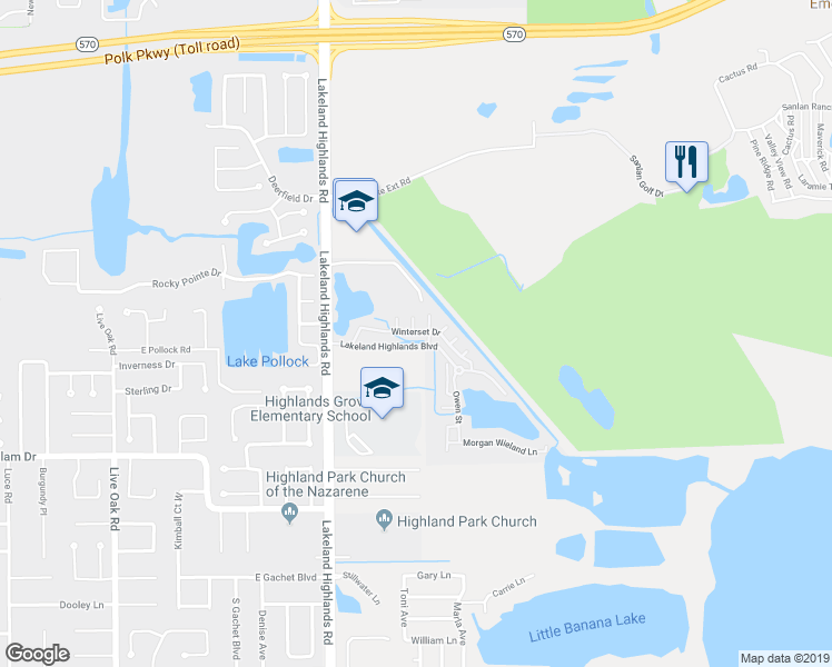map of restaurants, bars, coffee shops, grocery stores, and more near 2075 Winterset Drive in Lakeland