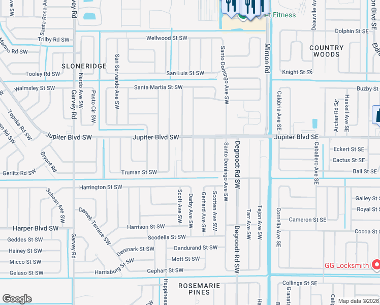 map of restaurants, bars, coffee shops, grocery stores, and more near 517 Treemont Avenue in Palm Bay