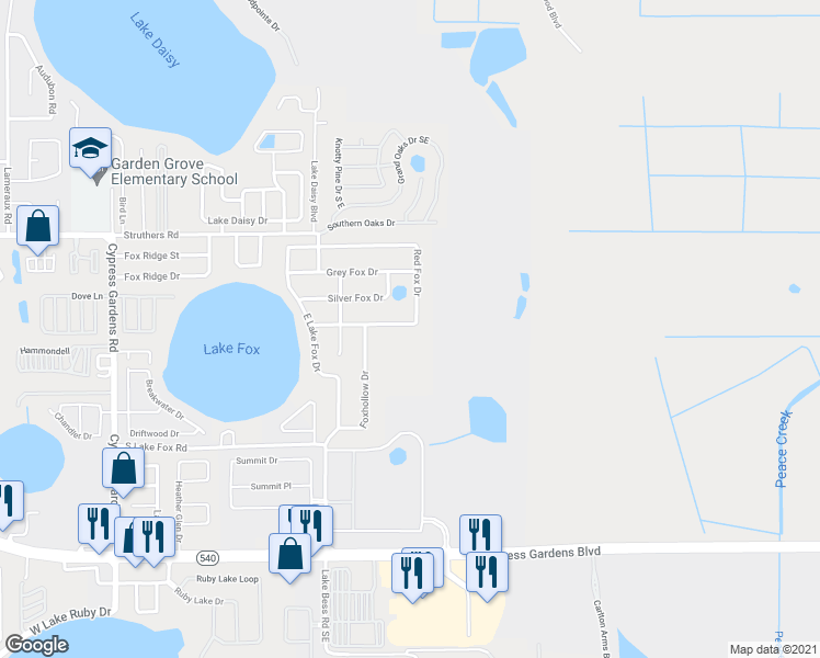 map of restaurants, bars, coffee shops, grocery stores, and more near 5853 Red Fox Drive in Winter Haven