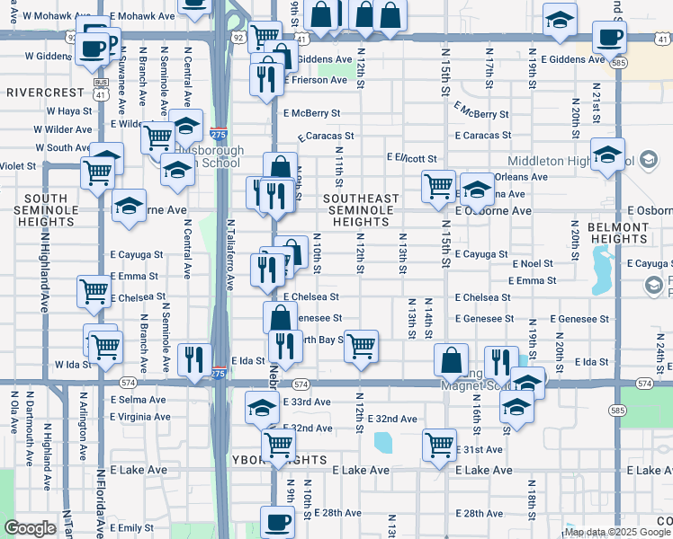 map of restaurants, bars, coffee shops, grocery stores, and more near 1018 East Cayuga Street in Tampa