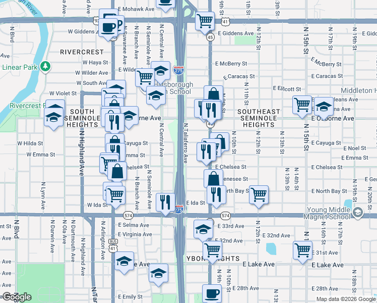 map of restaurants, bars, coffee shops, grocery stores, and more near 800 East Cayuga Street in Tampa