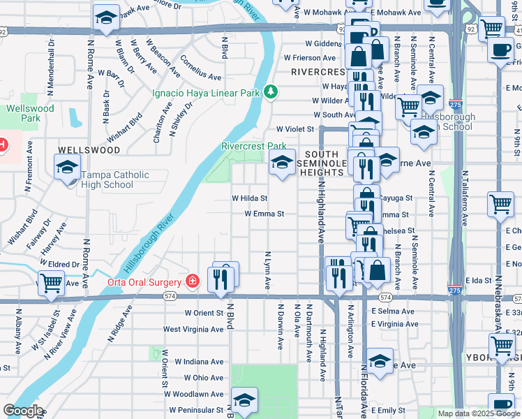map of restaurants, bars, coffee shops, grocery stores, and more near 501 West Hilda Street in Tampa