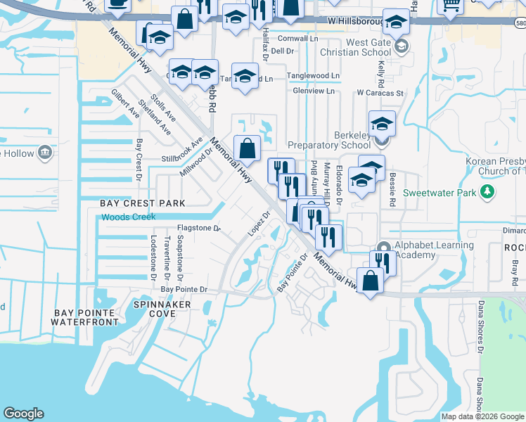 map of restaurants, bars, coffee shops, grocery stores, and more near 6006 Memorial Highway Service Road in Town 'n' Country