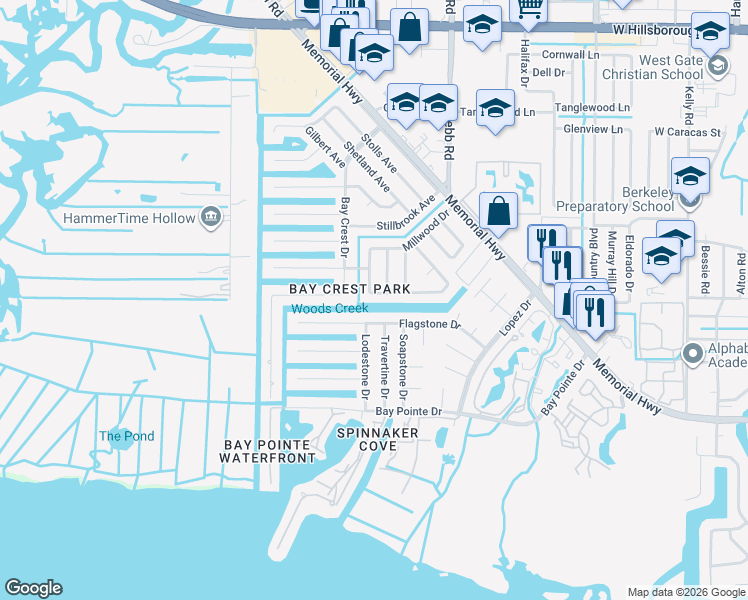 map of restaurants, bars, coffee shops, grocery stores, and more near 4804 Arrowwood Drive in Tampa