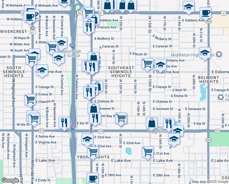 map of restaurants, bars, coffee shops, grocery stores, and more near 1018 East Cayuga Street in Tampa