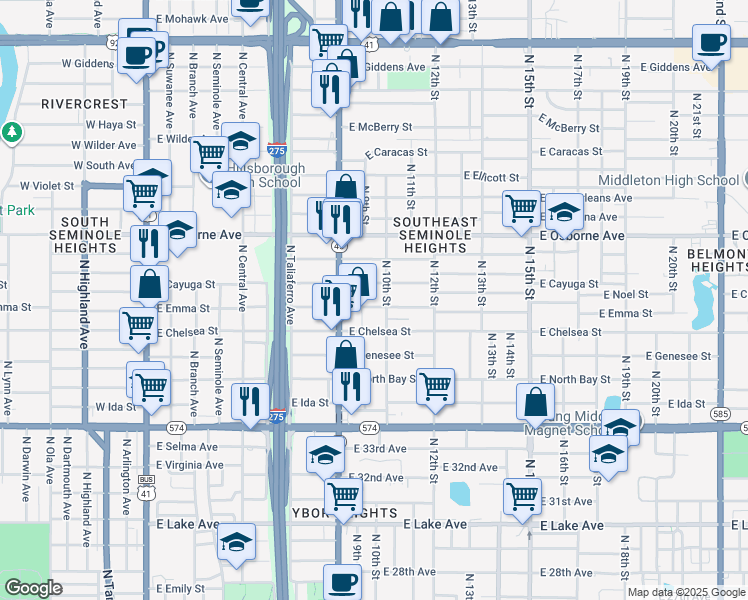map of restaurants, bars, coffee shops, grocery stores, and more near 1002 East Cayuga Street in Tampa