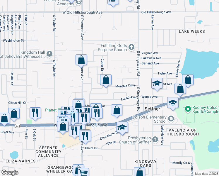 map of restaurants, bars, coffee shops, grocery stores, and more near 1112 Sagamore Drive in Seffner